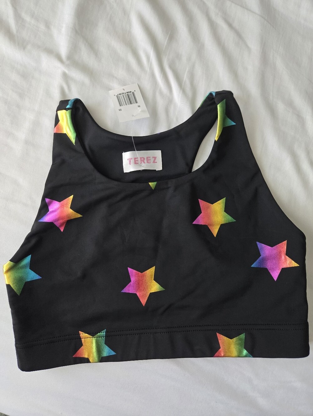 NWT Terez Sports Bra Black Star Rainbow Foil Size Large